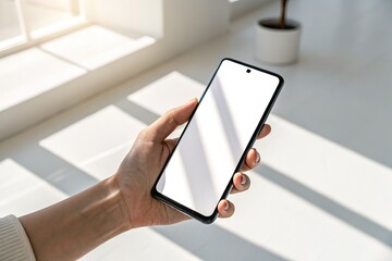 Hand Holding Smartphone with Blank Screen in Bright Minimalist Setting