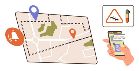 Fototapeta premium Map with location pins, hand holding smartphone with routing data, traffic warnings, and alert icons. Ideal for navigation, road planning, travel, logistics, urban infrastructure journey