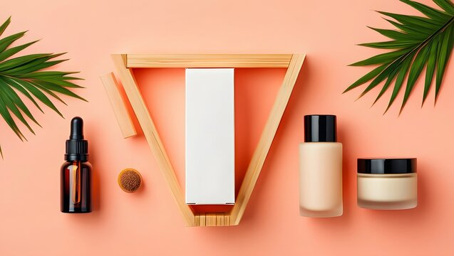 Minimalist skincare product display featuring natural elements and a peach colored background