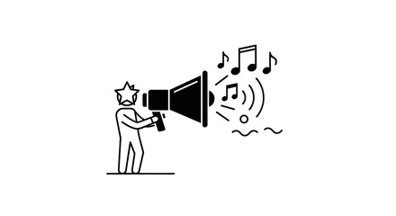 Star-headed figure with megaphone broadcasting music notes black and white line art.