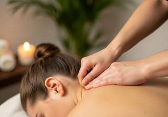 Gentle neck massage with candle and plant shoulder