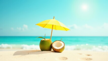 tropical beach concept made of coconut fruit and small sun umbrella on pastel background, creative minimal summer idea symbolizing vacation relaxation and travel mood, concept of tourism, summer produ