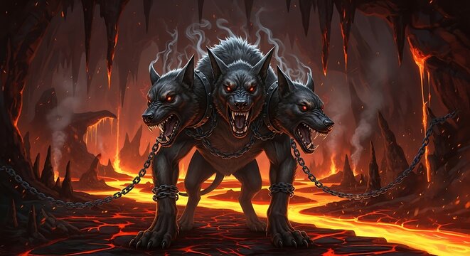 Cerberus - Guardian of the Underworld in a Fiery Landscape.