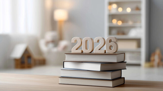 Wooden 2026 numerals perched on a tidy stack of books on a cozy desk, symbolizing future education, goals, planning, personal growth and academic new year resolutions with copy space