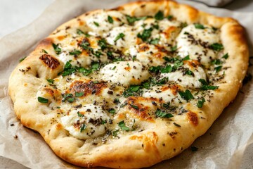 Delicious truffle flatbread topped with mozza gourmet kitchen food photography rustic setting aerial view culinary delight