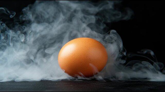 A single brown egg sits dramatically on a dark surface surrounded by thick billowing white smoke against a black backgro