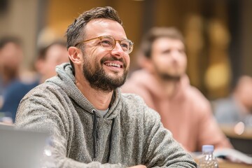 Happy Bearded Man in Glasses Smiling Attentively During a Modern Workshop