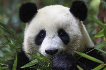 Obraz premium Up-close shot of a giant panda enjoying bamboo amidst green foliage and natural lighting