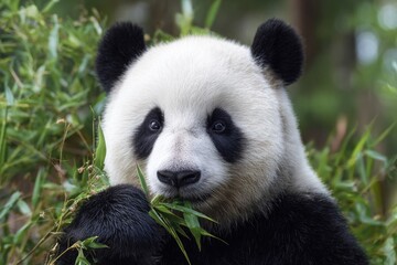 A close-up of a giant panda, mid-meal, munching on bamboo leaves, set against blurred greenery