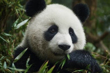 Obraz premium Close-up of a giant panda gazing intently, surrounded by leafy bamboo foliage, in natural light