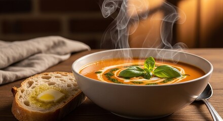 Tomato soup recipe creamy homemade with basil and bread for healthy lunch or dinner ideas cooking food