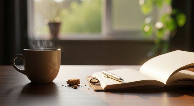 Cozy morning coffee notebook pen and cookie still life photography for relaxation and inspiration blog post