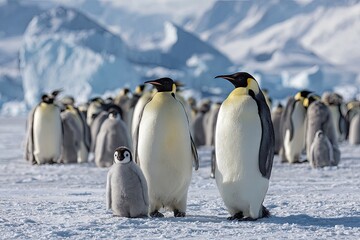 Fototapeta premium A colony of Emperor penguins, adults and chicks, standing on a snowy Antarctic landscape