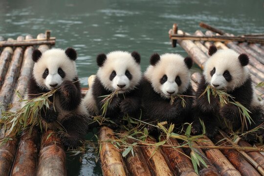 Four adorable giant pandas, enjoying bamboo. They sit on a bamboo raft over calm water