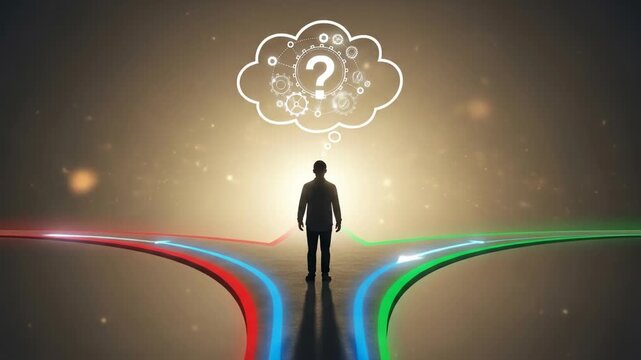 Silhouette of a person at a fork in the road, pondering a question. Three paths lead away