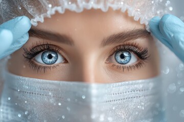 Close-up of a healthcare worker's intense blue eyes, wearing protective medical gear.