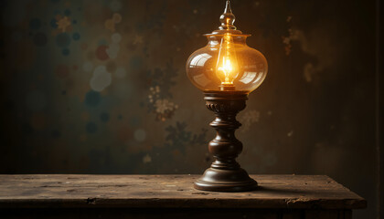 Naklejka premium Antique lamp glowing softly on wooden table with dark background 