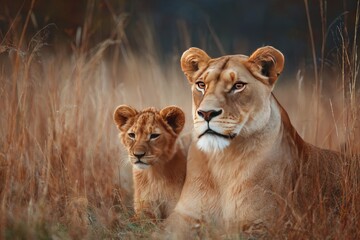 Fototapeta premium Lioness and cub pose in tall, sun-kissed grasses, showing maternal bond, nature's elegance