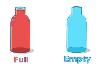 Empty, full bottles. Opposite english words, adjectives. Red liquid, fruit juice in glass cup. Glossy, transparent with caps. wine, chemistry, syrup flasks. Vector illustration	