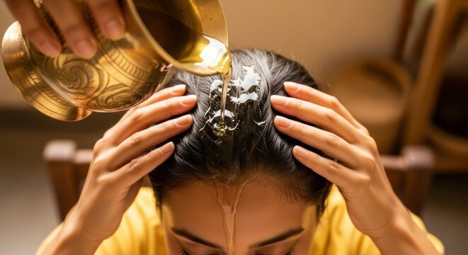 Coconut oil pouring from brass lota during calming hair oiling ritual with gentle scalp massage and peaceful expression