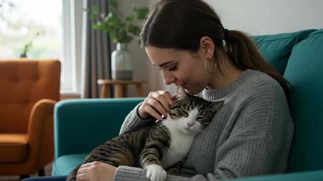 Young woman cuddling her tabby cat on a sofa at home