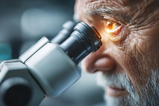 Senior scientist's eye intensely focused on a microscope during vital research. - Powered by Adobe