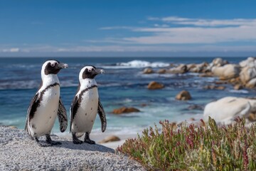 Two penguins stand on a rock, gazing out at the ocean with rocks and blue sky