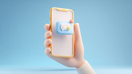 Cartoon Hand Holds Golden Smartphone with Chat Bubble Notification on Blue Background (111)