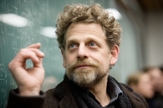 A professor with beard and curly hair, deep in thought at a chalkboard.