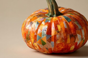 Colorful mosaic pumpkin art displaying creative mixed media design