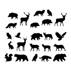 Collection of black silhouettes of wild forest animals and birds
