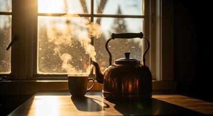 Cozy morning tea kettle steaming hot beverage by window sunlight aesthetic kitchen still life photography