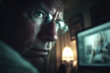 Intense close-up of a man's face, glasses reflecting screen light in a dark room.
