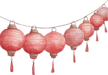 A Festive String of Watercolor Red Lanterns for Chinese New Year Celebrations