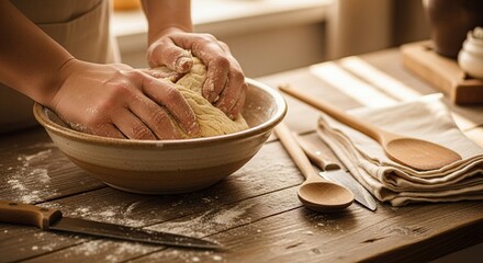 Baking bread dough recipe homemade artisan bread kneading process cooking culinary food preparation hands bowl