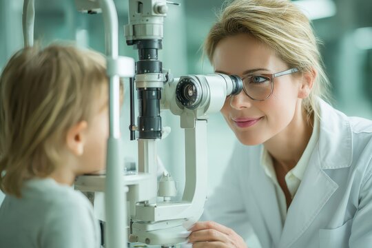 A compassionate female optometrist examines a young child's eyes in a modern clinic. - Powered by Adobe