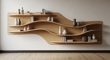 Organic Wave-Inspired Wooden Shelving Unit Displaying Curated Decorative Objects and Books.