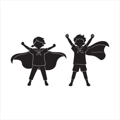 Superhero kids silhouette, children in capes, triumphant pose vector, black outline figures, playful hero concept, side view illustration, empowerment 