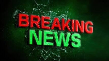 Bold "BREAKING NEWS" text erupts from shattered glass against a dark, glowing green background