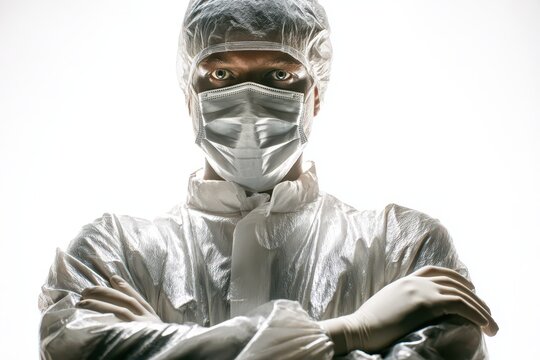 Intense gaze of a healthcare worker in complete personal protective equipment.