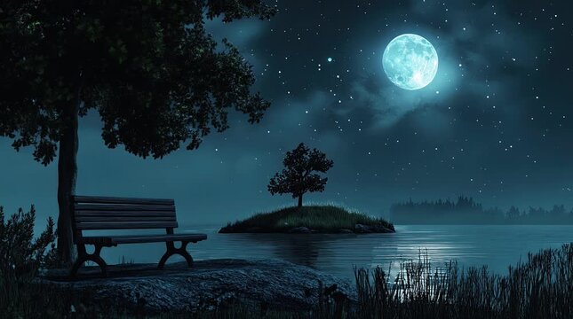 A view of a bench with a small island and the moon at night. 4K animated video