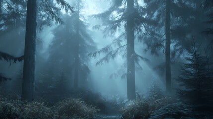 Misty forest landscape with tall trees, soft light rays filtering through foliage, serene atmosphere