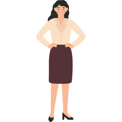 Cartoon Woman Standing Confidently With Hands On Hips Wearing A Light Cream Blouse And A Dark Maroon Skirt And Black Heels Isolated On White Background