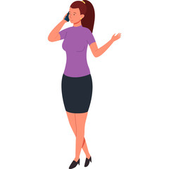 Fototapeta premium Cartoon Woman in Purple Shirt and Black Skirt Talking on Cell Phone with One Hand Raised Slightly in a Casual Pose Against a Transparent White Background