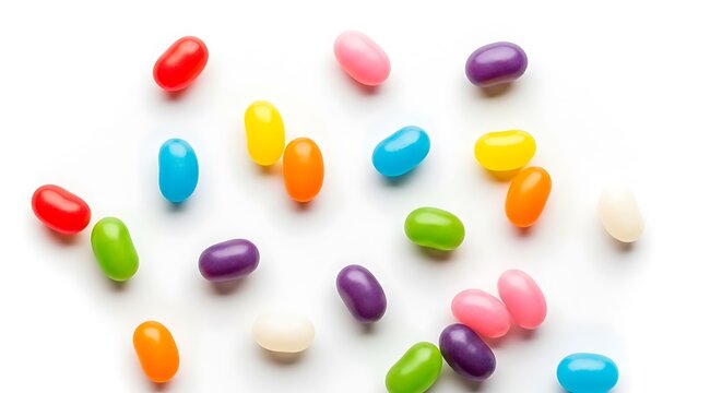 Colorful Jelly Beans Scattered on White Background.