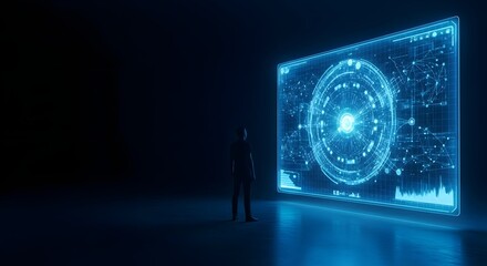 Futuristic digital interface with person analyzing data in dark room
