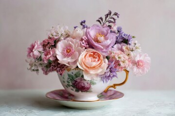 Oversized teacup as flower vase with pastel blooms