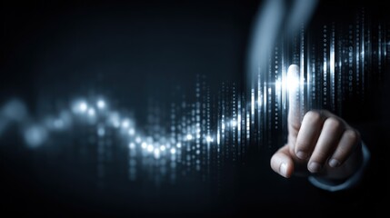 Business person's finger interacts with glowing digital data streams