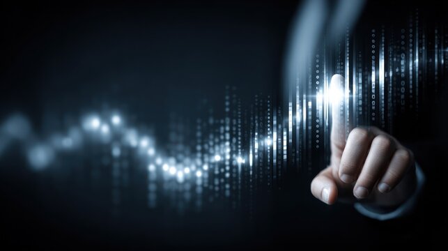 Business person's finger interacts with glowing digital data streams