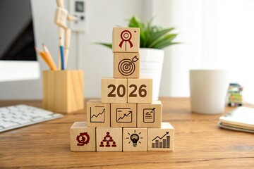 Wooden Cube Pyramid Displays Business Icons for Goal Achievement 2026
